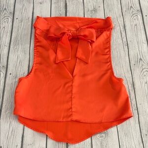 Glam Bright Orange Silk Sleeveless Blouse with Tie Back and Bib Collar Size M
